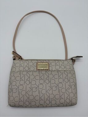 Calvin Klein Taupe Logo Crossbody Bag with Gold Plaque and Pink Strap